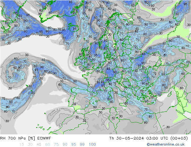 RH 700 гПа ECMWF чт 30.05.2024 03 UTC