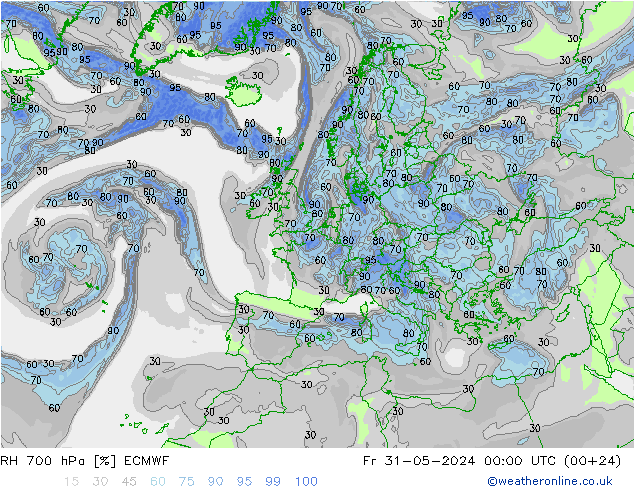 RH 700 hPa ECMWF 星期五 31.05.2024 00 UTC