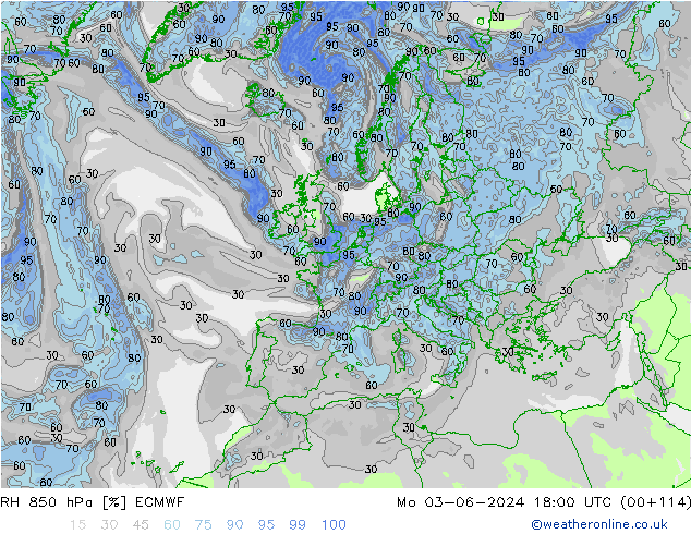 Humidité rel. 850 hPa ECMWF lun 03.06.2024 18 UTC