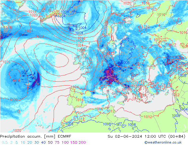 Precipitation accum. ECMWF Dom 02.06.2024 12 UTC