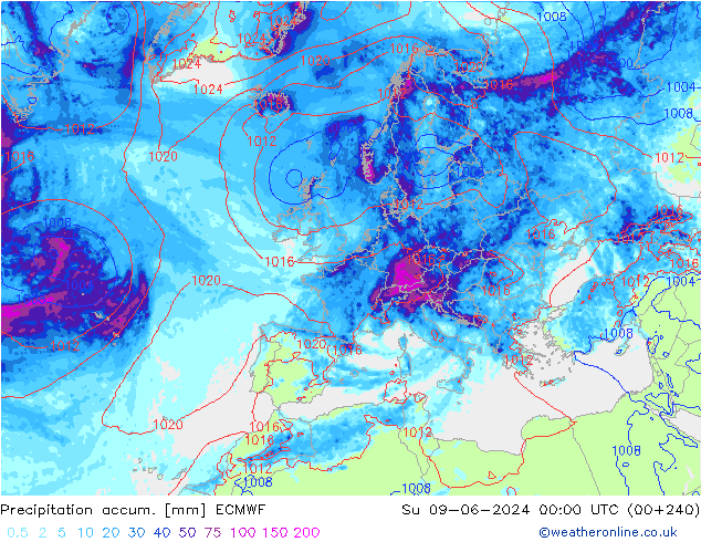 Precipitation accum. ECMWF Dom 09.06.2024 00 UTC