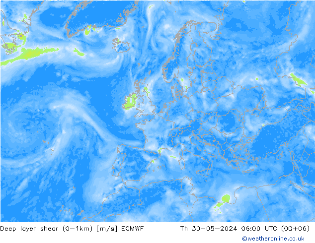 Deep layer shear (0-1km) ECMWF Qui 30.05.2024 06 UTC