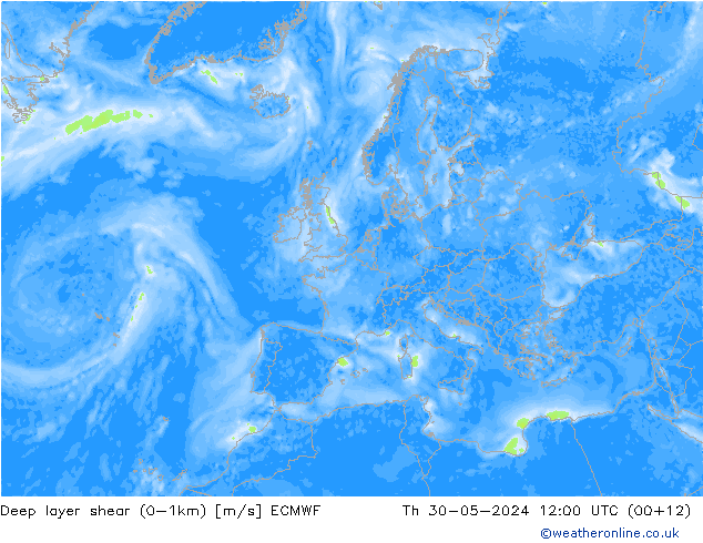 Deep layer shear (0-1km) ECMWF Do 30.05.2024 12 UTC