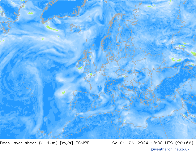 Deep layer shear (0-1km) ECMWF sáb 01.06.2024 18 UTC