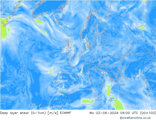 Deep layer shear (0-1km) ECMWF пн 03.06.2024 06 UTC