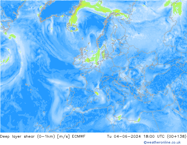 Deep layer shear (0-1km) ECMWF Sa 04.06.2024 18 UTC