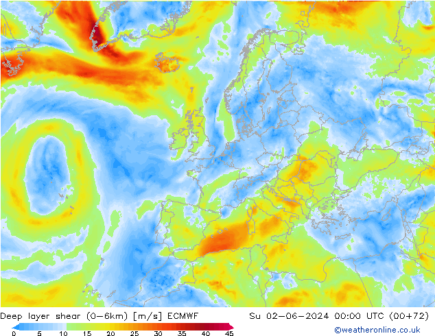 Deep layer shear (0-6km) ECMWF Su 02.06.2024 00 UTC