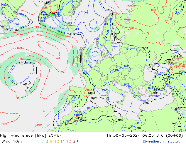 High wind areas ECMWF Qui 30.05.2024 06 UTC