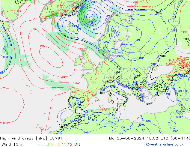 High wind areas ECMWF lun 03.06.2024 18 UTC