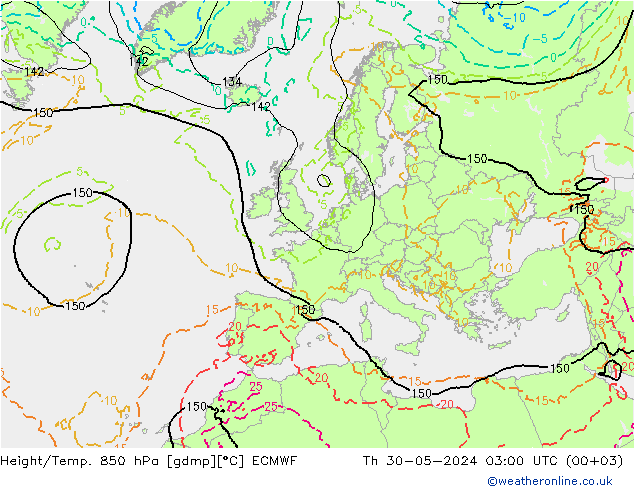 Height/Temp. 850 гПа ECMWF чт 30.05.2024 03 UTC