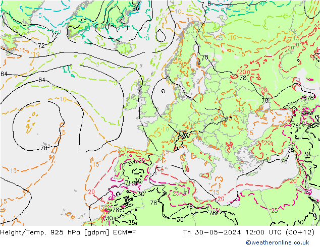 Height/Temp. 925 hPa ECMWF Qui 30.05.2024 12 UTC