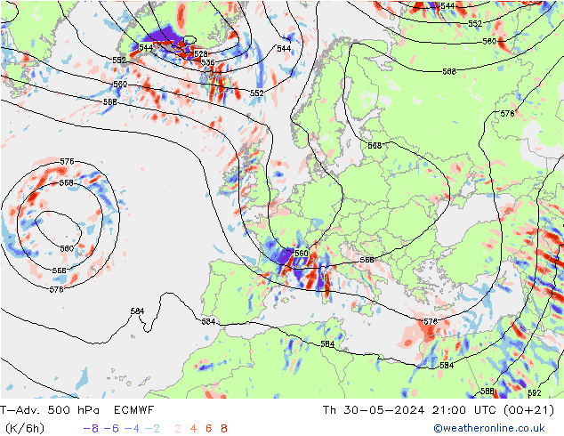 T-Adv. 500 hPa ECMWF jue 30.05.2024 21 UTC