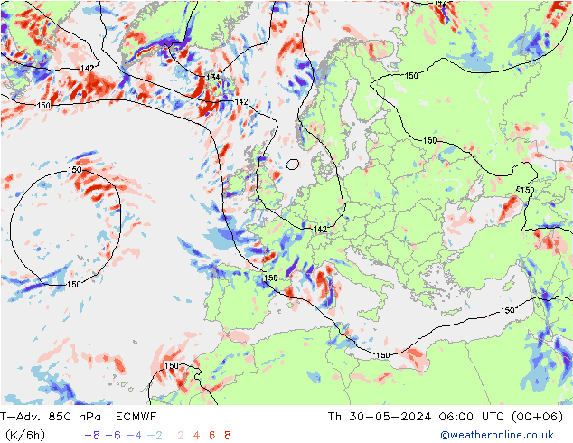 T-Adv. 850 hPa ECMWF Th 30.05.2024 06 UTC