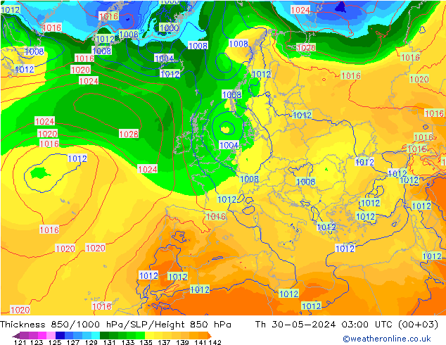 Dikte 850-1000 hPa ECMWF do 30.05.2024 03 UTC