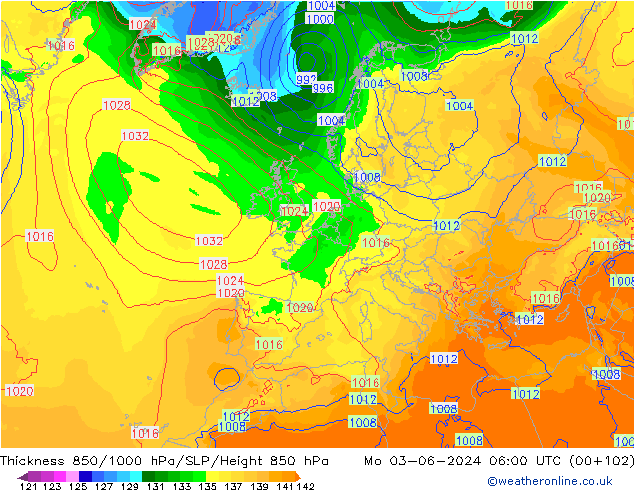 Espesor 850-1000 hPa ECMWF lun 03.06.2024 06 UTC