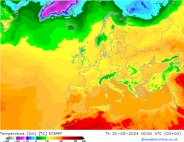 mapa temperatury (2m) ECMWF czw. 30.05.2024 00 UTC