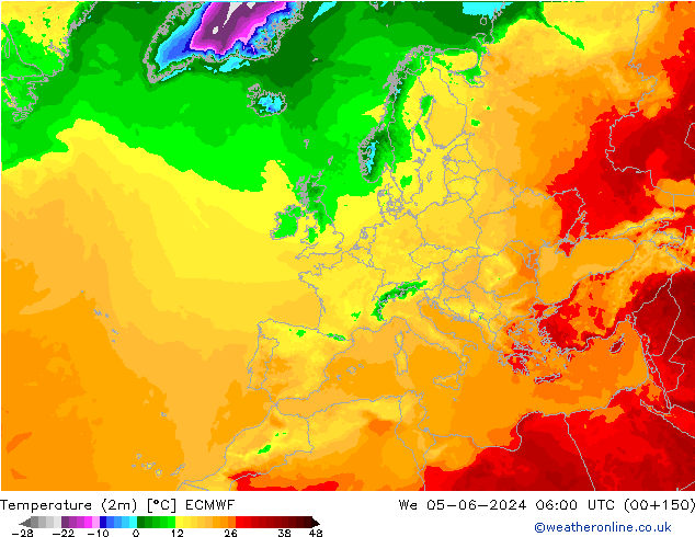 Temperatuurkaart (2m) ECMWF wo 05.06.2024 06 UTC