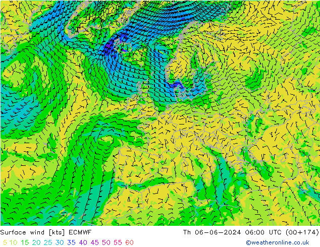 Vento 10 m ECMWF Qui 06.06.2024 06 UTC