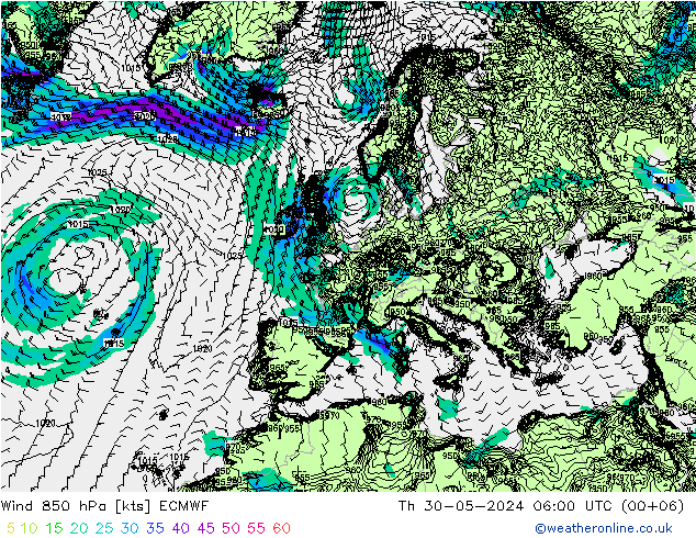 Wind 850 hPa ECMWF Do 30.05.2024 06 UTC