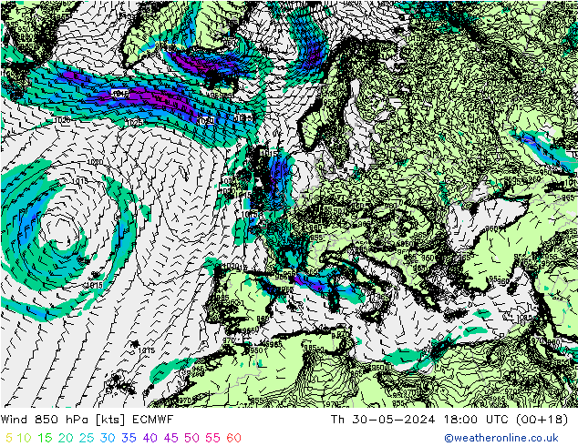Rüzgar 850 hPa ECMWF Per 30.05.2024 18 UTC