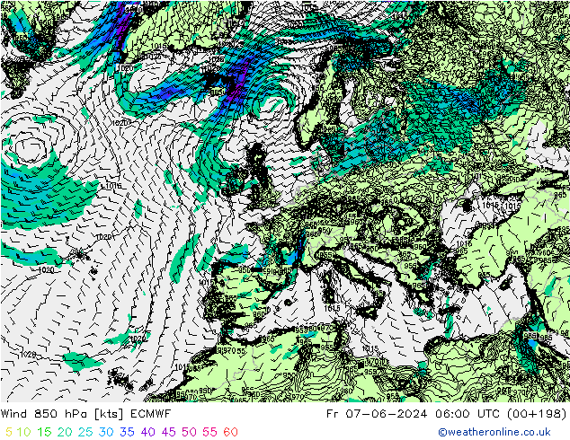 Wind 850 hPa ECMWF Fr 07.06.2024 06 UTC