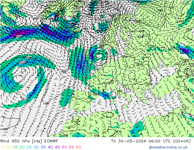 Wind 950 hPa ECMWF do 30.05.2024 06 UTC