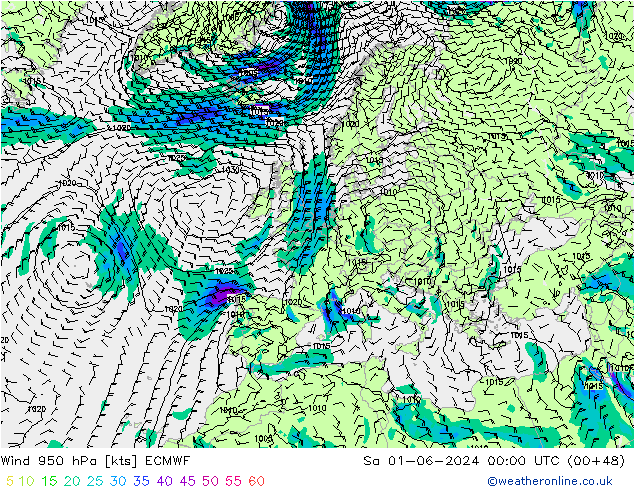 Vento 950 hPa ECMWF sab 01.06.2024 00 UTC