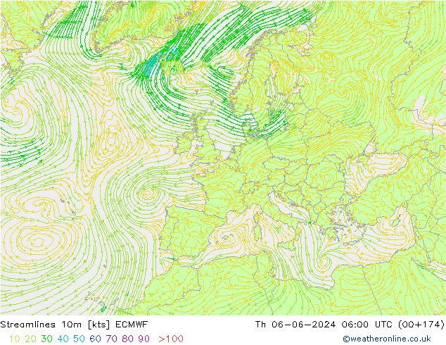 Streamlines 10m ECMWF Čt 06.06.2024 06 UTC