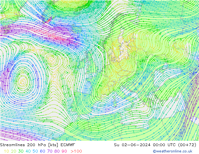 Linea di flusso 200 hPa ECMWF dom 02.06.2024 00 UTC