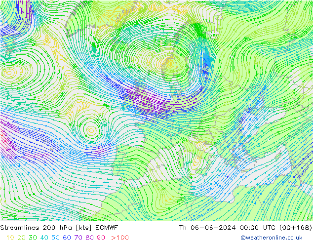 Streamlines 200 hPa ECMWF Th 06.06.2024 00 UTC