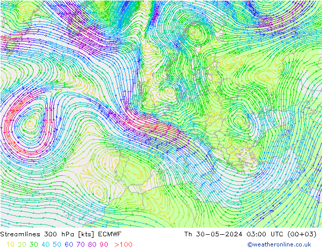 Linha de corrente 300 hPa ECMWF Qui 30.05.2024 03 UTC