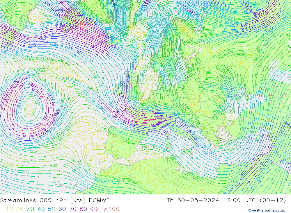 Linea di flusso 300 hPa ECMWF gio 30.05.2024 12 UTC