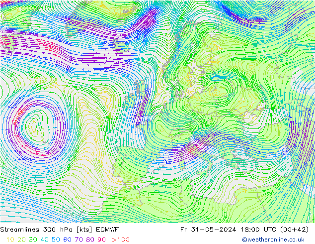 Rüzgar 300 hPa ECMWF Cu 31.05.2024 18 UTC