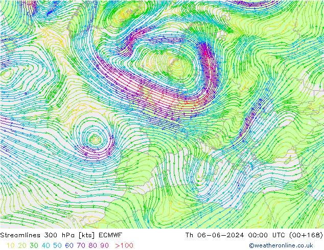 Streamlines 300 hPa ECMWF Th 06.06.2024 00 UTC