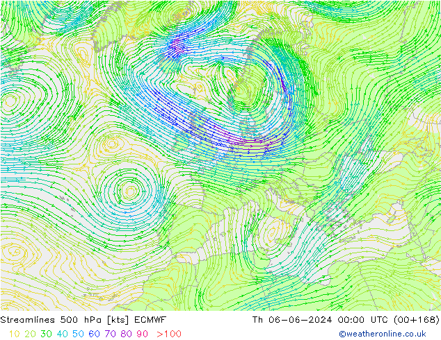 Streamlines 500 hPa ECMWF Th 06.06.2024 00 UTC