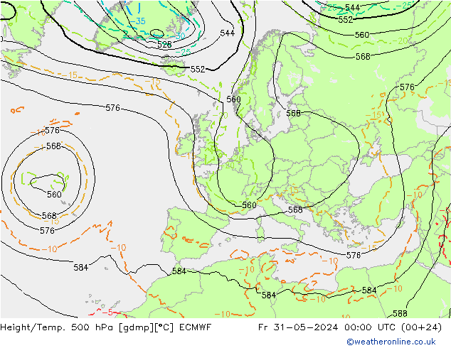 Z500/Rain (+SLP)/Z850 ECMWF 星期五 31.05.2024 00 UTC