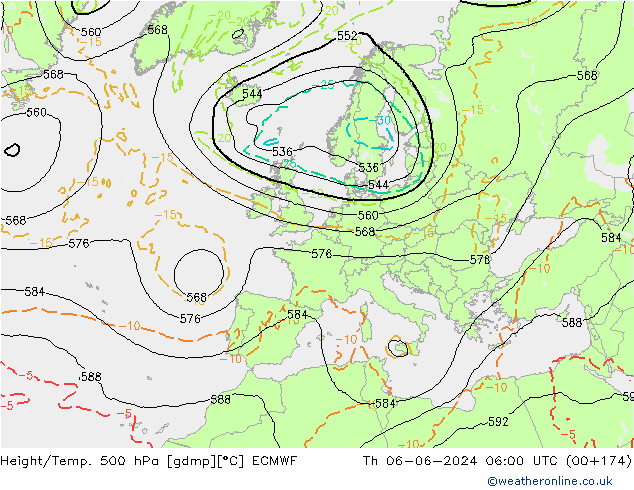 Z500/Rain (+SLP)/Z850 ECMWF Do 06.06.2024 06 UTC