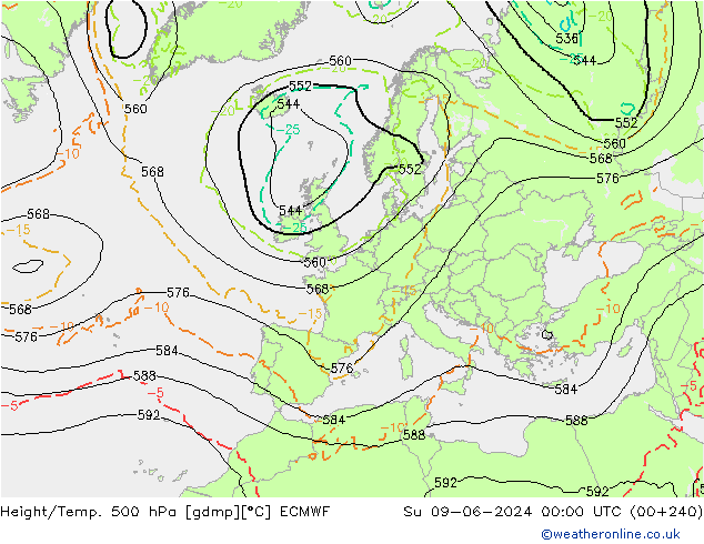 Height/Temp. 500 hPa ECMWF So 09.06.2024 00 UTC