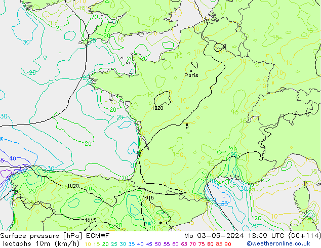 Isotachs (kph) ECMWF Mo 03.06.2024 18 UTC