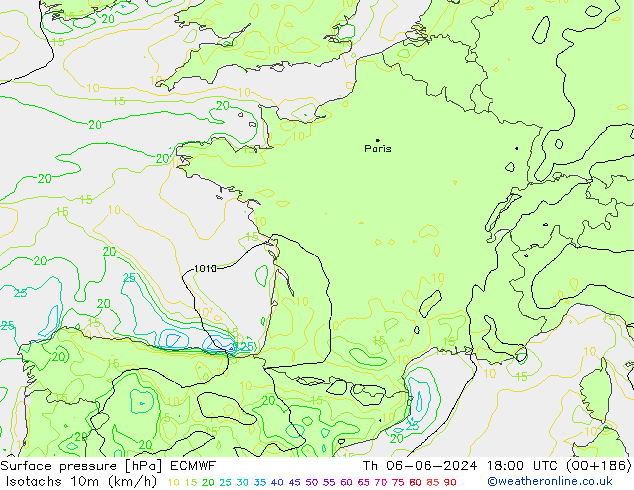 Isotachs (kph) ECMWF чт 06.06.2024 18 UTC