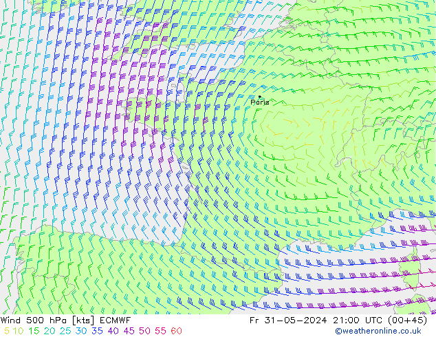 Vento 500 hPa ECMWF ven 31.05.2024 21 UTC