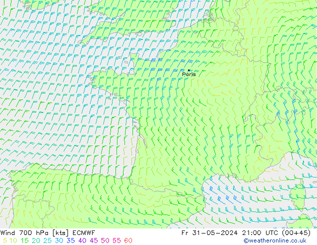 Vento 700 hPa ECMWF ven 31.05.2024 21 UTC