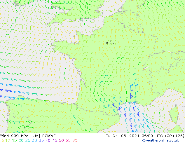 Wind 900 hPa ECMWF di 04.06.2024 06 UTC