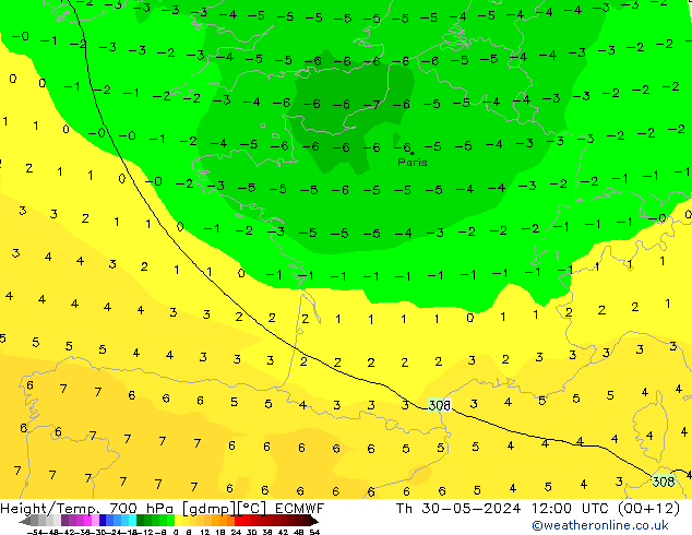 Height/Temp. 700 hPa ECMWF Do 30.05.2024 12 UTC