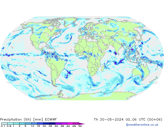 Totale neerslag (6h) ECMWF do 30.05.2024 06 UTC