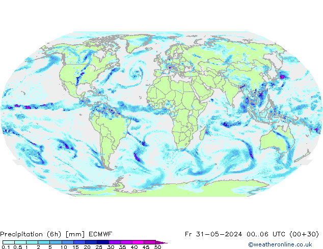Totale neerslag (6h) ECMWF vr 31.05.2024 06 UTC