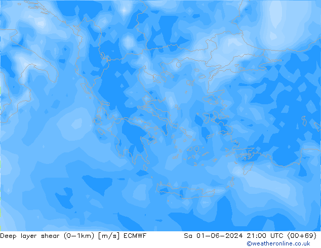 Deep layer shear (0-1km) ECMWF Sa 01.06.2024 21 UTC