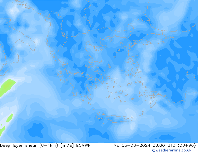 Deep layer shear (0-1km) ECMWF пн 03.06.2024 00 UTC