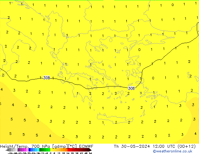 Height/Temp. 700 hPa ECMWF Qui 30.05.2024 12 UTC