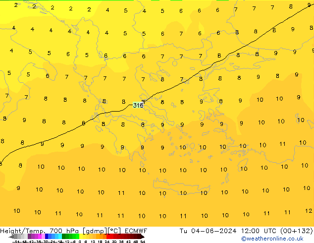 Height/Temp. 700 hPa ECMWF Tu 04.06.2024 12 UTC